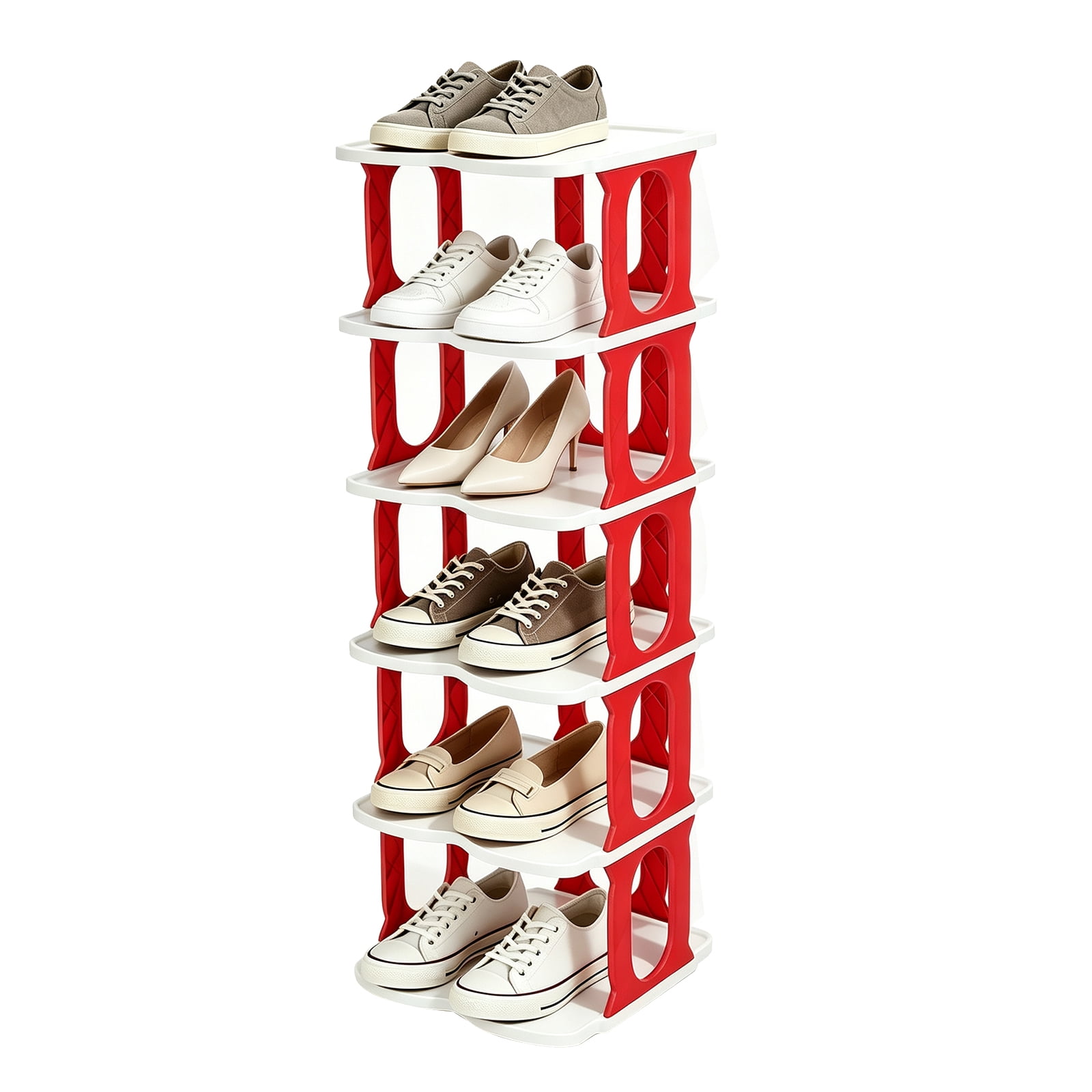 Uxcell Shoe Rack Narrow Shoe Rack 6-Tier Red Stand White Panel Vertical Free Standing Storage Organizer Small Holder Stackable Space-Saving Shelf for Entryway Closet Bedroom