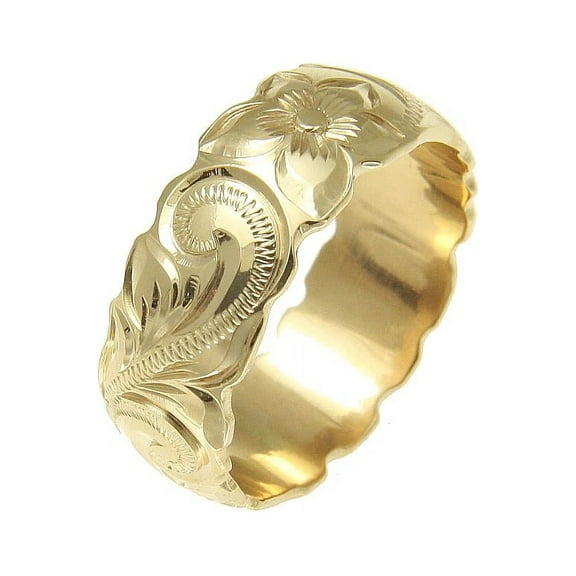 14K yellow gold hand engraved Hawaiian plumeria scroll band ring cut out 8mm size 2 to 14