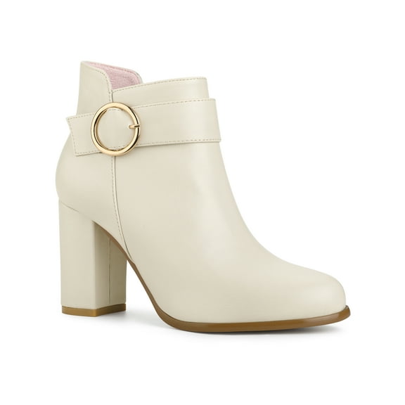 BLISSFUL STEP Women's Round Toe Circle Buckle Block High Heel Ankle Boots