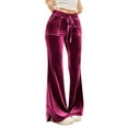 thumbnail image 3 of Jinhomg Velvet Pants for Women Drawstring High Waisted Flare Pants Casual Wide Leg Stretch Leggings Comfy Lounge Velour Trousers with Pockets Hot Pink,S, 3 of 7