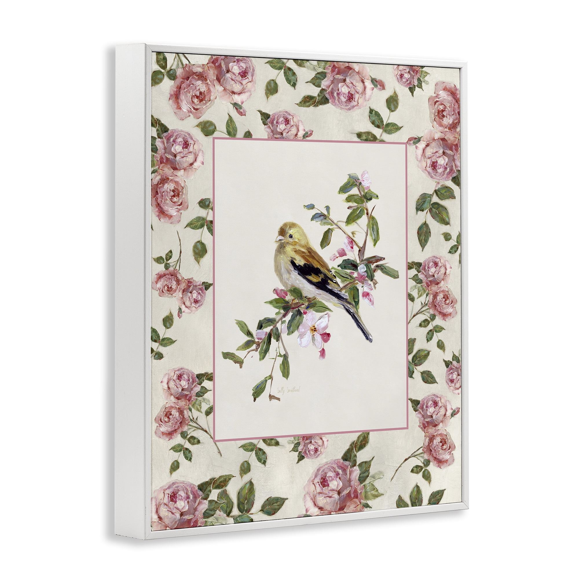 Stupell Industries Perched Bird with Dainty Roses White Framed Giclee Art, design by Sally Swatland