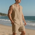 thumbnail image 4 of FRSASU Men's Cotton Linen Sets 2 Piece Outfits Button Down Tank Tops Summer Beach Casual Short Sleeve Hippie Shirts Matching Shorts Set Khaki, 4 of 9