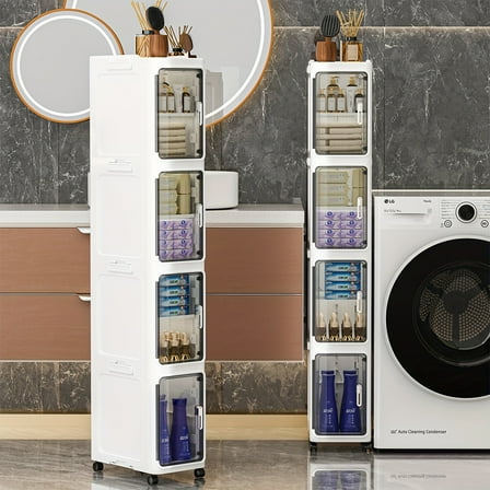 4-Tier Tall Narrow Storage Cabinet with Movable Wheels, Adjustable Shelves, Anti-Tip, Slim, for Small Space, Bathroom, Kitchen, Laundry, White