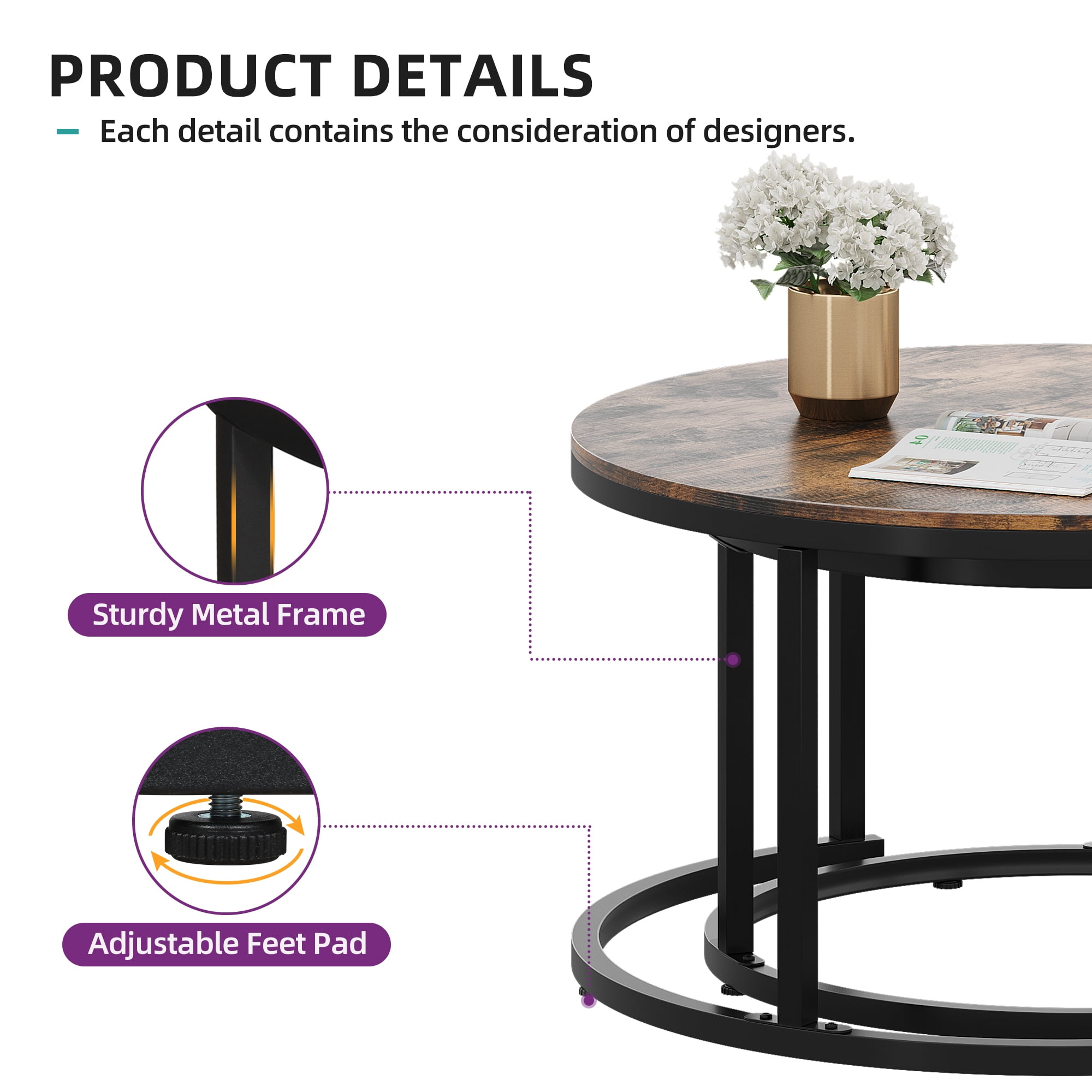 DWVO Round Nesting Coffee Table Set of 2, Snack End Table with Metal Frame for Living Room, Rustic Brown