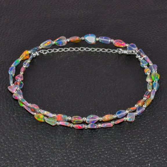 QNAVIC Black Ethiopian Fire Opal Stone Beads with Silver Ball Choker Necklace For Women, Healing Crystal, Rhodium Plated Sterling Silver Chain 18 Inch, Handmade Birthstone Jewelry, Birthday Gifts