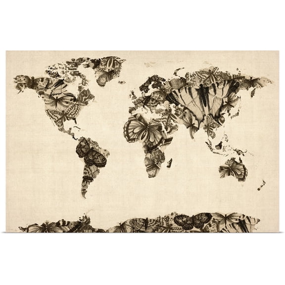 Great BIG Canvas | Rolled Michael Tompsett Poster Print entitled World Art Map made up of Butterflies