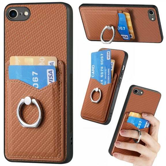 Carbon Fiber Patterned Case for iPhone 7 Plus, iPhone 8 Plus, Wallet case with [360°Rotation Ring Kickstand] Credit Card Holder,PU Leather Shockproof Cover Women Men, Brown