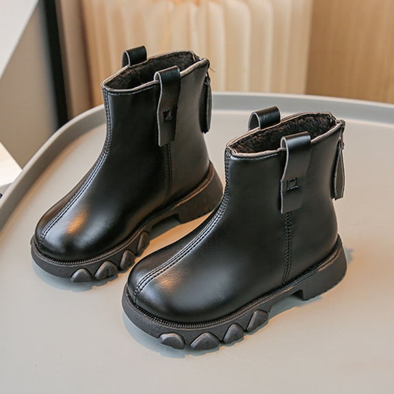 Eltusu Girls Winter Boots, Thermal Breathable Zip-Up No Slip Kids Shoes Black Size 3(Big Kids)