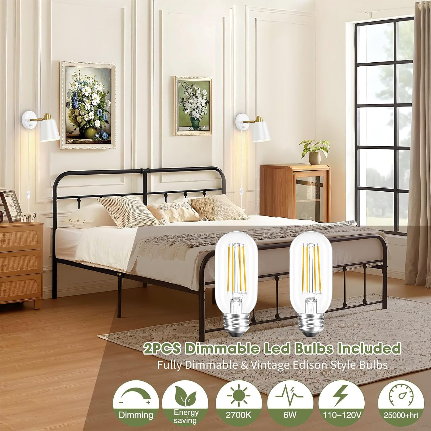 Plug in Dimmer  Wall Sconces Swing Arm Light Fixtures Wall lamps with 5.45ft Plug in Cord Dimmer Knob Switch E26 Base for Bedroom Bathroom Kitchen (2 Bulbs Included)