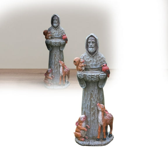 12" St Francis Garden Statue - Religious Resin Bird Feeder & Water Bowl for Outdoor Patio Decor - Catholic Christian Yard Ornament with Speckled Gray Finish