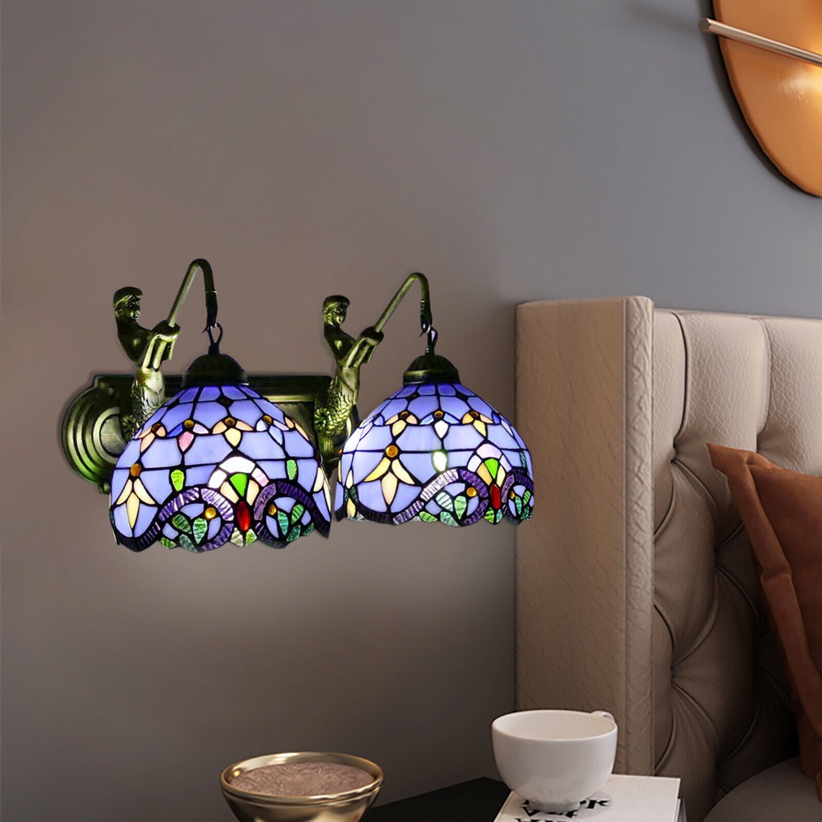 Indoor Bathroom Vanity 2 Light Fixture Retro Stained Glass Wall Lighting