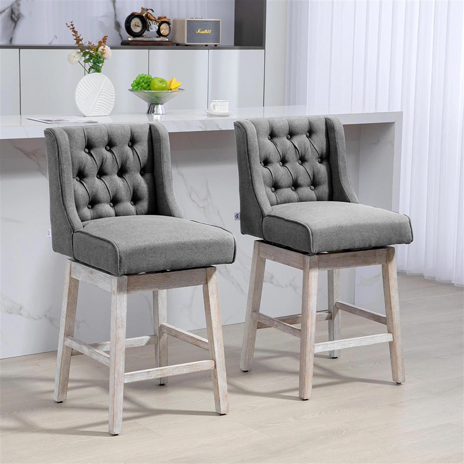 Demi Bonn 180 Degree Swivel Bar Stool Set of 2, Modern Cushioned Bar 27" Seat Height Stool with Linen Upholstery, Button Tufted Back and Solid Wood Legs, Gray