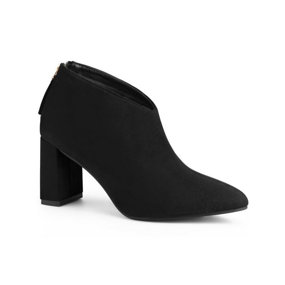 BLISSFUL STEP Women's Ankle Boots Faux Suede Pointed Toe Block Heel Back Zip V Cutout Booties Black 6