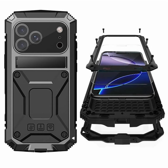 For iPhone 18 Pro Max Metal Military Heavy Duty Case, Metal Bumper Silicone Shockproof Dustproof Rugged Tough With Stand Screen Protector Camera Control full body Drop Protective Cover