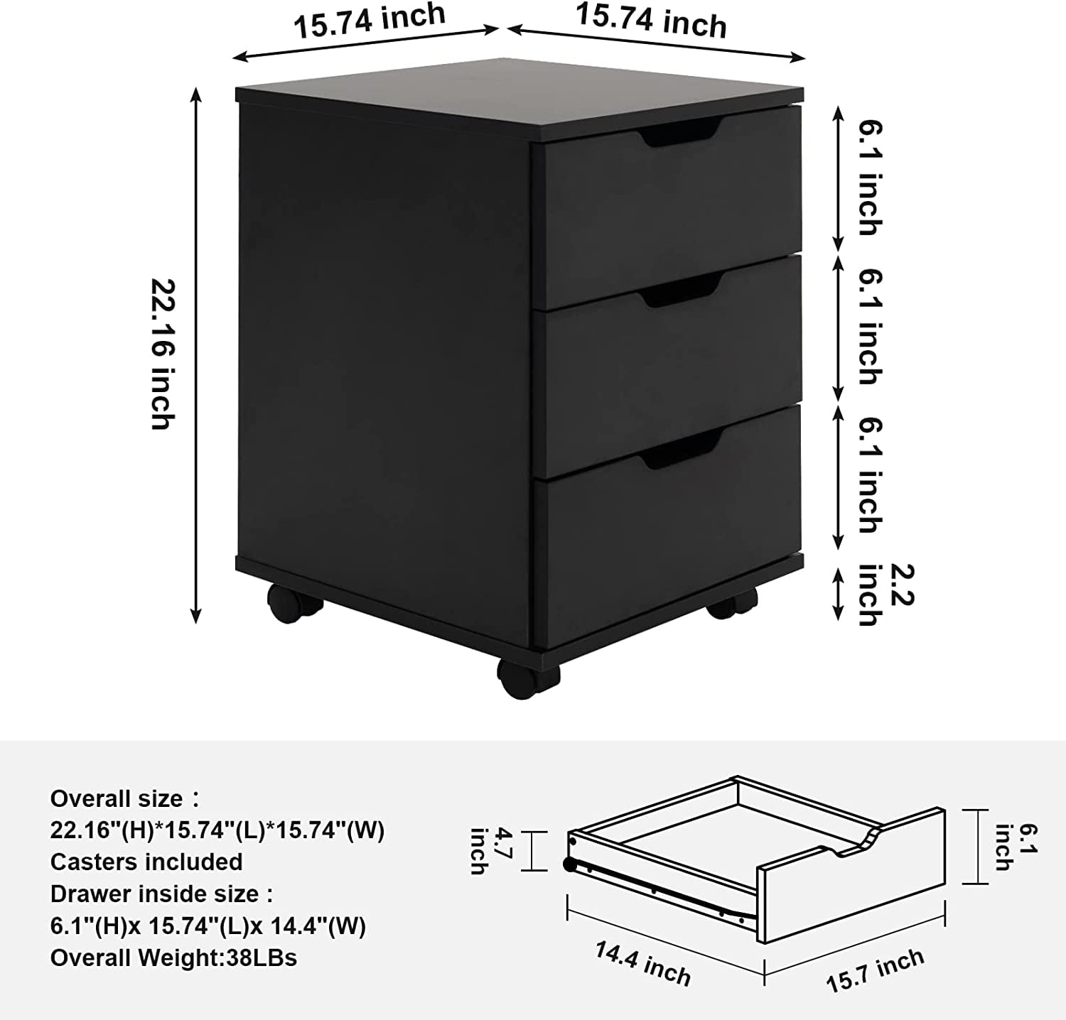 MAYEERTY 3-Drawer Vertical Wood Filing Cabinet with Casters for Home Office, Black, Non-Assembled