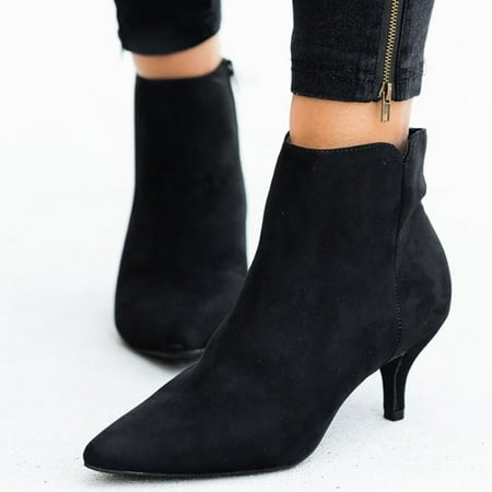 

Foraging dimple Women s Leisure Solid Large Size Thin Med Heels Zipper Short Boots Shoes Black