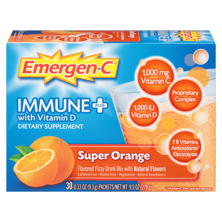- Emergen-C Immune+ (30 Count, Super Orange Flavor) System Support Dietary Supplement Fizzy Drink Mix With Vitamin D, 1000mg Vitamin C plus Antioxidants & Electrolytes, 0.33 Ounce Packets