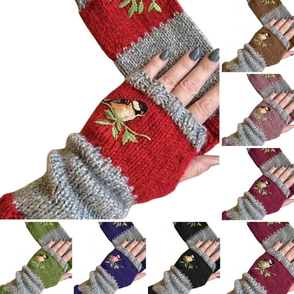 Limei Women Winter Warm Knit Fingerless Bird Embroidered Gloves Thumbhole Arm Warmers Mittens (Red)