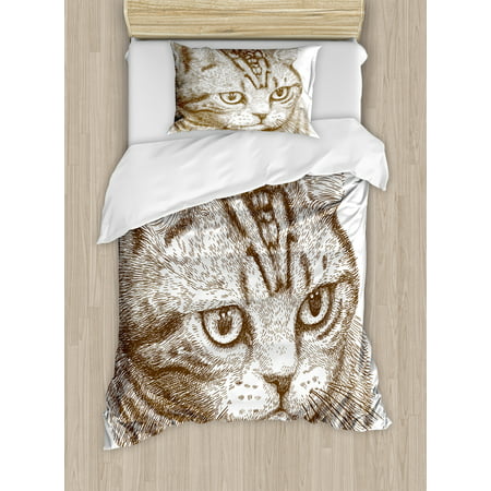 Cat Twin Size Duvet Cover Set, Portrait of a Kitty Domestic Animal Hipster Best Company Fluffy Pet Graphic Art, Decorative 2 Piece Bedding Set with 1 Pillow Sham, Chocolate White, by