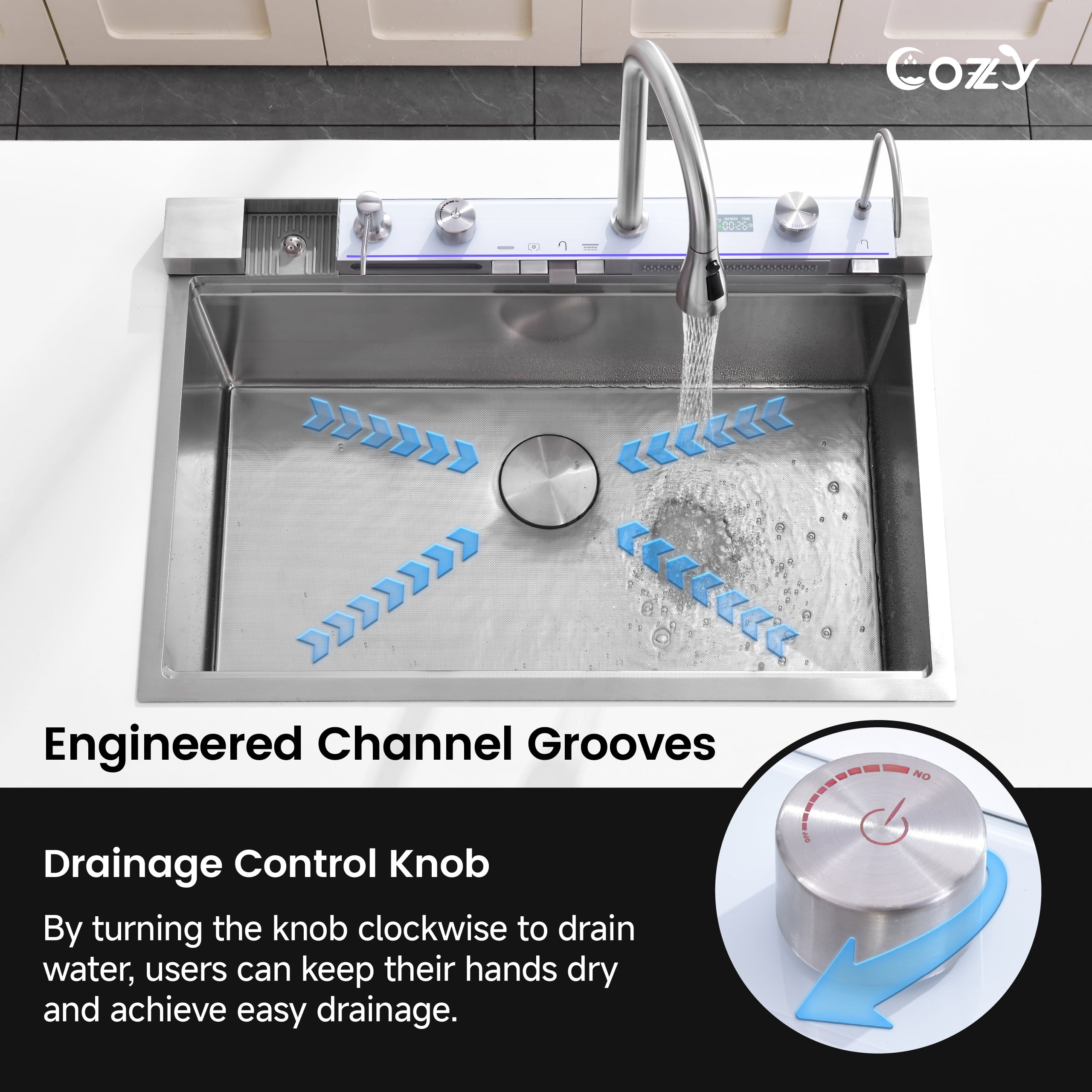 33″×22″ Stainless Steel Single Bowl Kitchen Sink, Brushed Waterfall Workstation with Flying-Rain Faucet, Sprayhead, Cup Washer, 1 pack, SS-BR06-332212