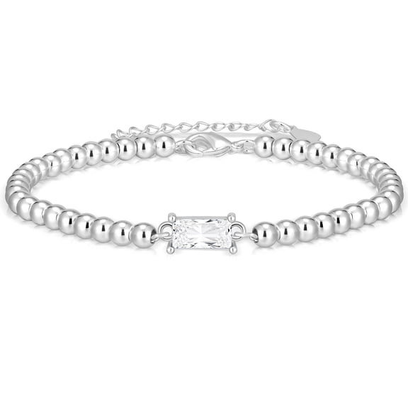 LUNVKY S925 Stering Sliver Plated Beaded Bracelets for Women Girls CZ April Birthstone Bracelets with CZ Crystal Birthday Graduation Jewelry Gifts Teen Mom Her Adult Wife Kids Age Ideas