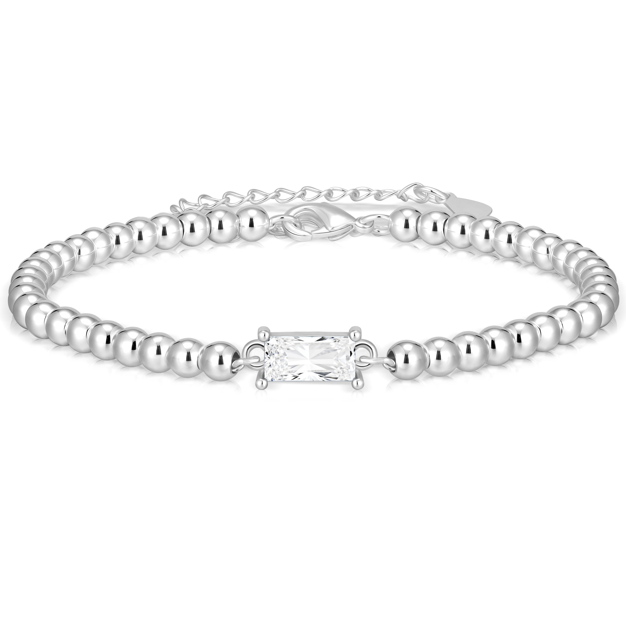 LUNVKY S925 Stering Sliver Plated Beaded Bracelets for Women Girls CZ April Birthstone Bracelets with CZ Crystal Birthday Graduation Jewelry Gifts Teen Mom Her Adult Wife Kids Age Ideas