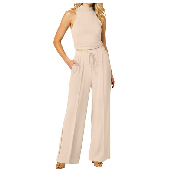 GEWSEY Two Piece sets for Women Halter Tank Backless Crop Tops Foldover Flare Pants Casual Matching Streetwear Outfits (Beige, L)