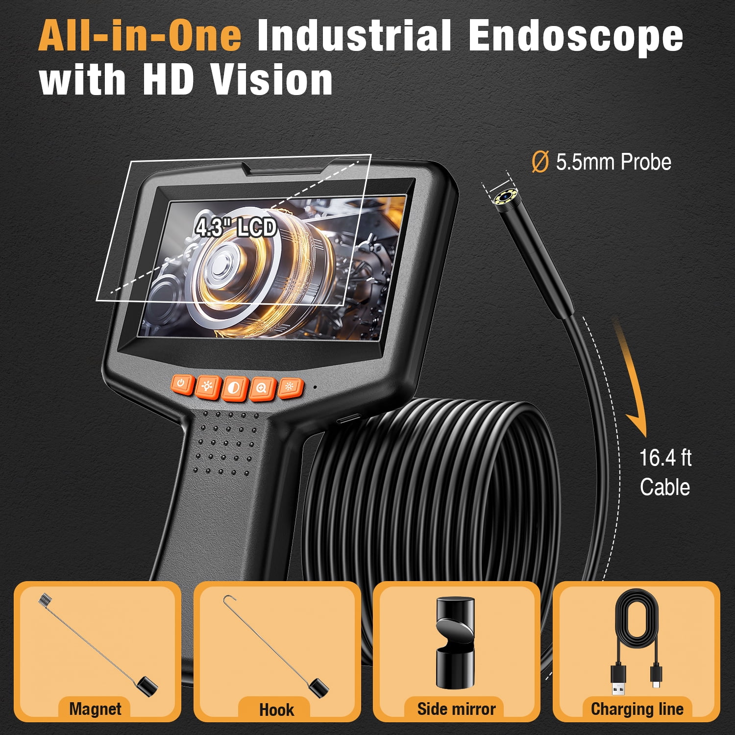 Askmuse 1080P Endoscope Camera with Light, 4.3in LCD Inspection Scope with 16.4ft Waterproof Semi-Rigid Cable, 3X Zoom LED Borescope Camera for Pipe Drain Sewer Automotive Tool Use