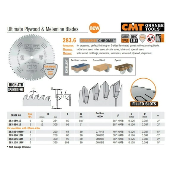 CMT ORANGE TOOLS 283.680.10 Orange Chrome Ultimate Plywood & Melamine Blade 10" x T80 HiATB, Silver