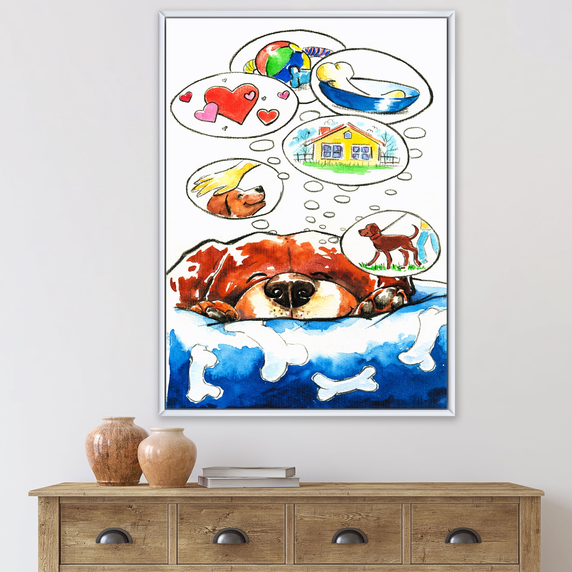 Designart 'Dog Having Dreams' Children's Art Framed Canvas Wall Art Print