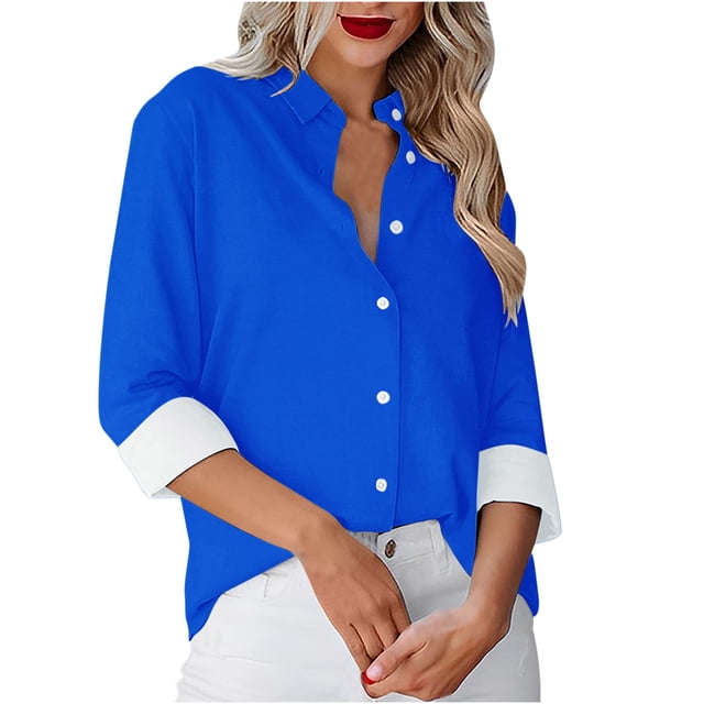 Besolor Button Down Shirts for Women Solid Color Long Sleeve Colared Tops Loose Office Blouses for Casual Work