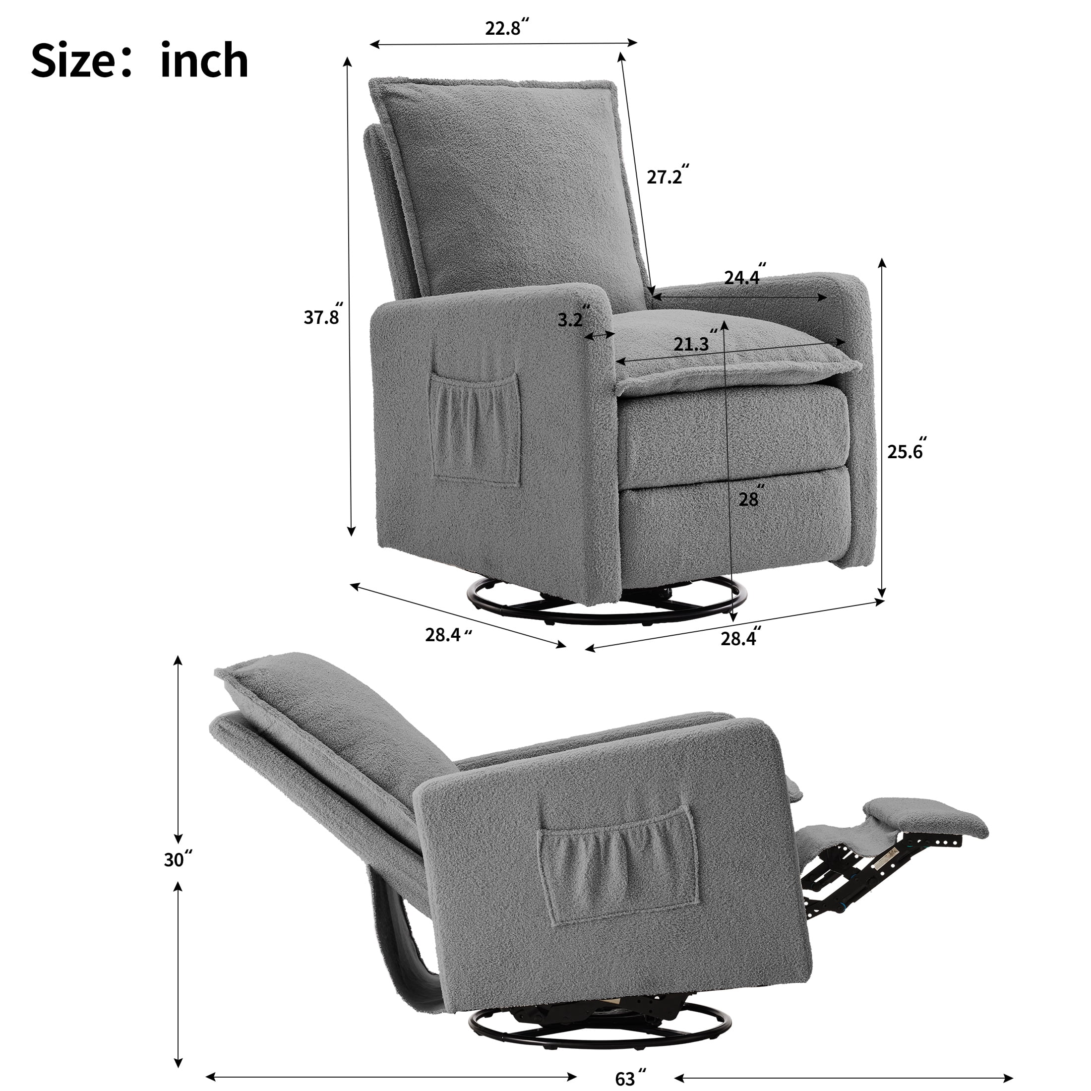 Gelloan Upholstered Swivel Glider and Recliner Nursery Chair,Grey