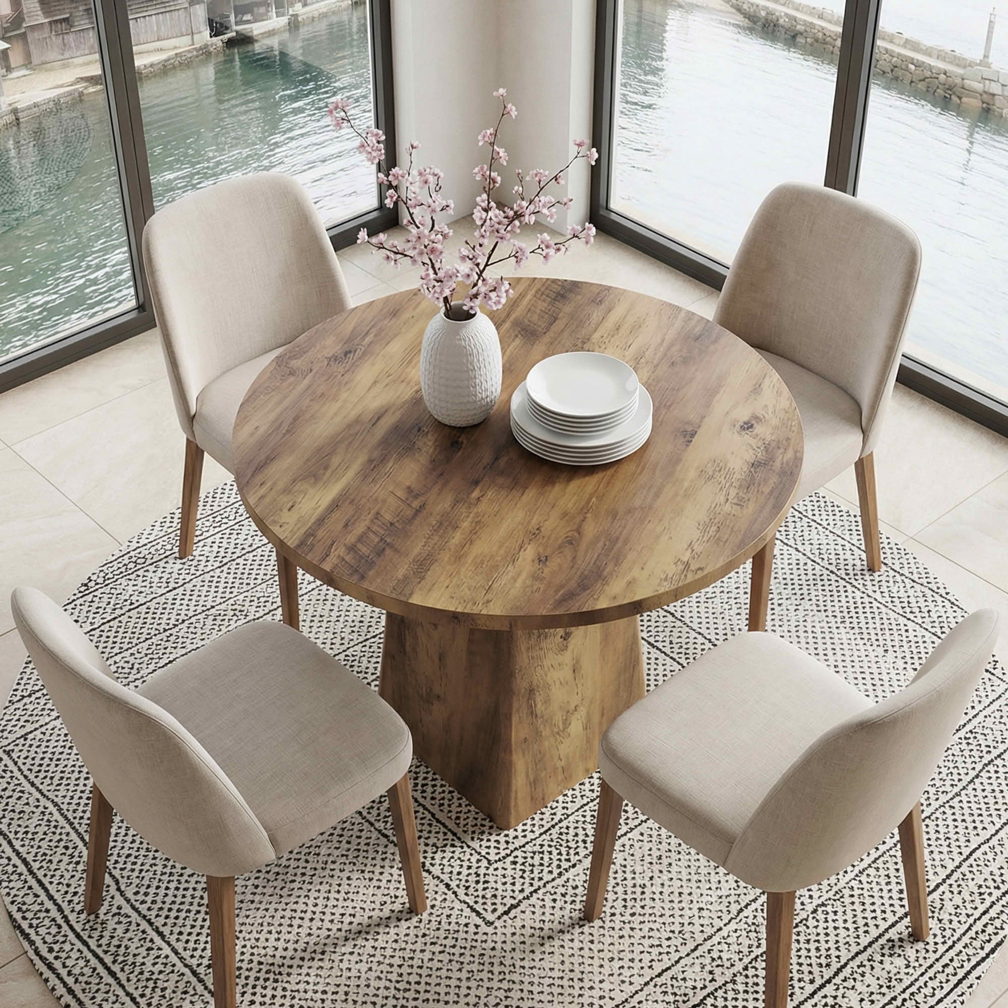 MAYEERTY 31.5 Inch Round Farmhouse Dining Table, Kitchen Dinner Table with Square Base for 2 to 4 People