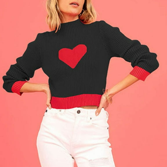 BVOFAR Cropped Sweaters for Women Cute Heart Print Ribbed Knit Sweater Cozy Mock Neck Long Sleeve Pullover Trendy Fall Winter Tops