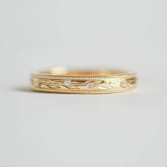 Silver & Stone Jewels 14K Gold Plated Band Ring with CZ Accents – Vintage Engraved Design for Women