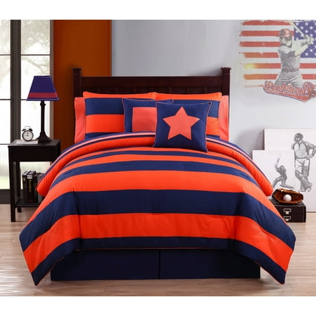 Navy Blue and Orange Striped Dorm Bed in a Bag Set with
