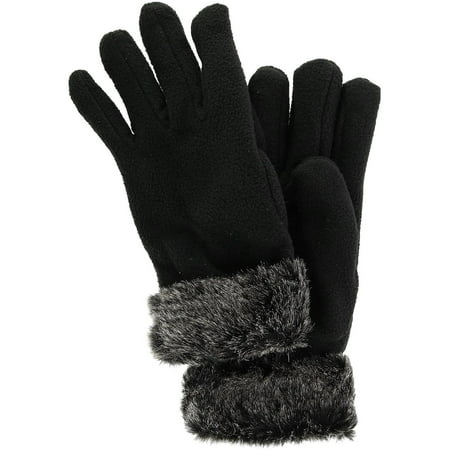 Size one size Women's Fleece Glove with Faux Fur Trim, Black