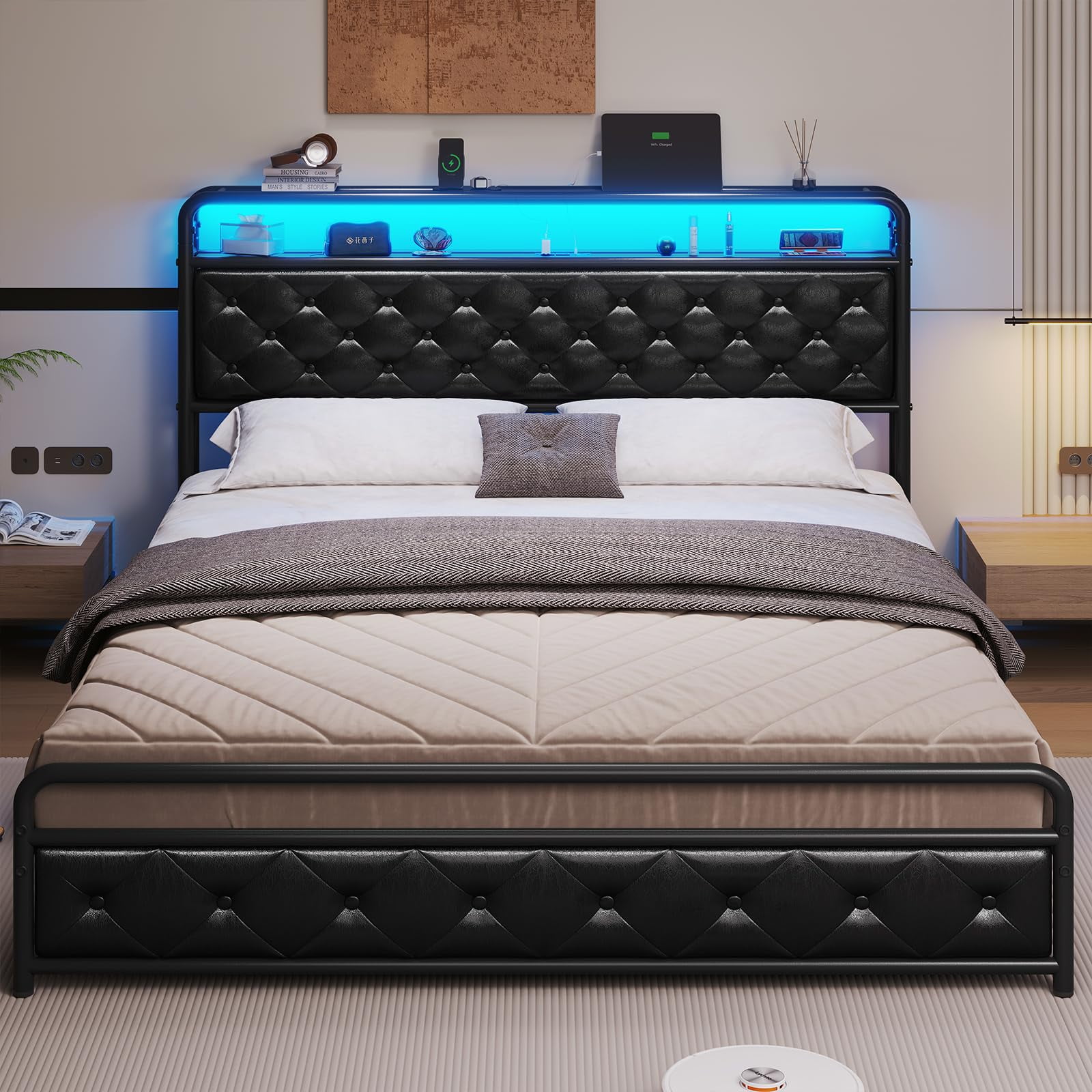 ADORNEVE Queen Size Bed Frame with Builtin LED Light Headboard, USB