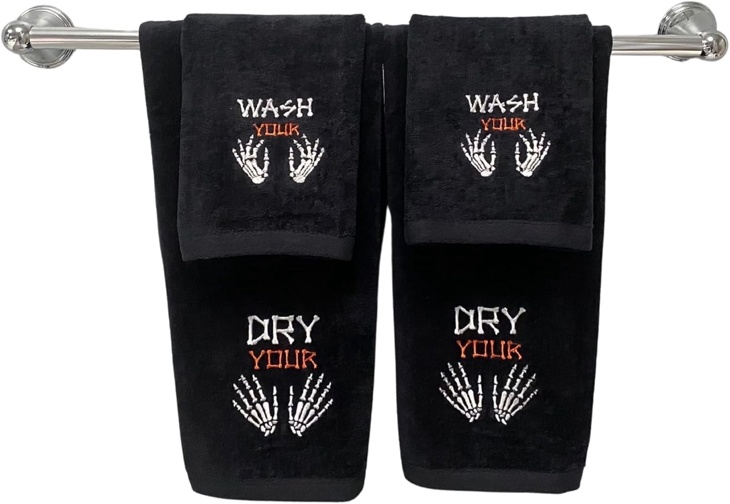 Serafina Home Halloween Hand & Fingertip Bathroom Bundle 4 Pc Set - Black Cotton Embroidered Skeleton Wash/Dry Your Hands - 16 x 25, 12 x 18 Fall Bath Home Decor