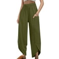 thumbnail image 1 of Reduced Price,Women's Elastic Waist Irregular Pants, Linen Solid Color, Pockets, Casual Fit, Comfortable, Everyday Wear Summer Collection|100%Polyester,Army Green,Sopatenor, 1 of 9
