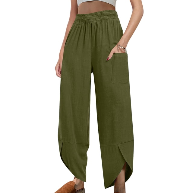 Reduced Price,Women's Elastic Waist Irregular Pants, Linen Solid Color, Pockets, Casual Fit, Comfortable, Everyday Wear Summer Collection|100%Polyester,Army Green,Sopatenor