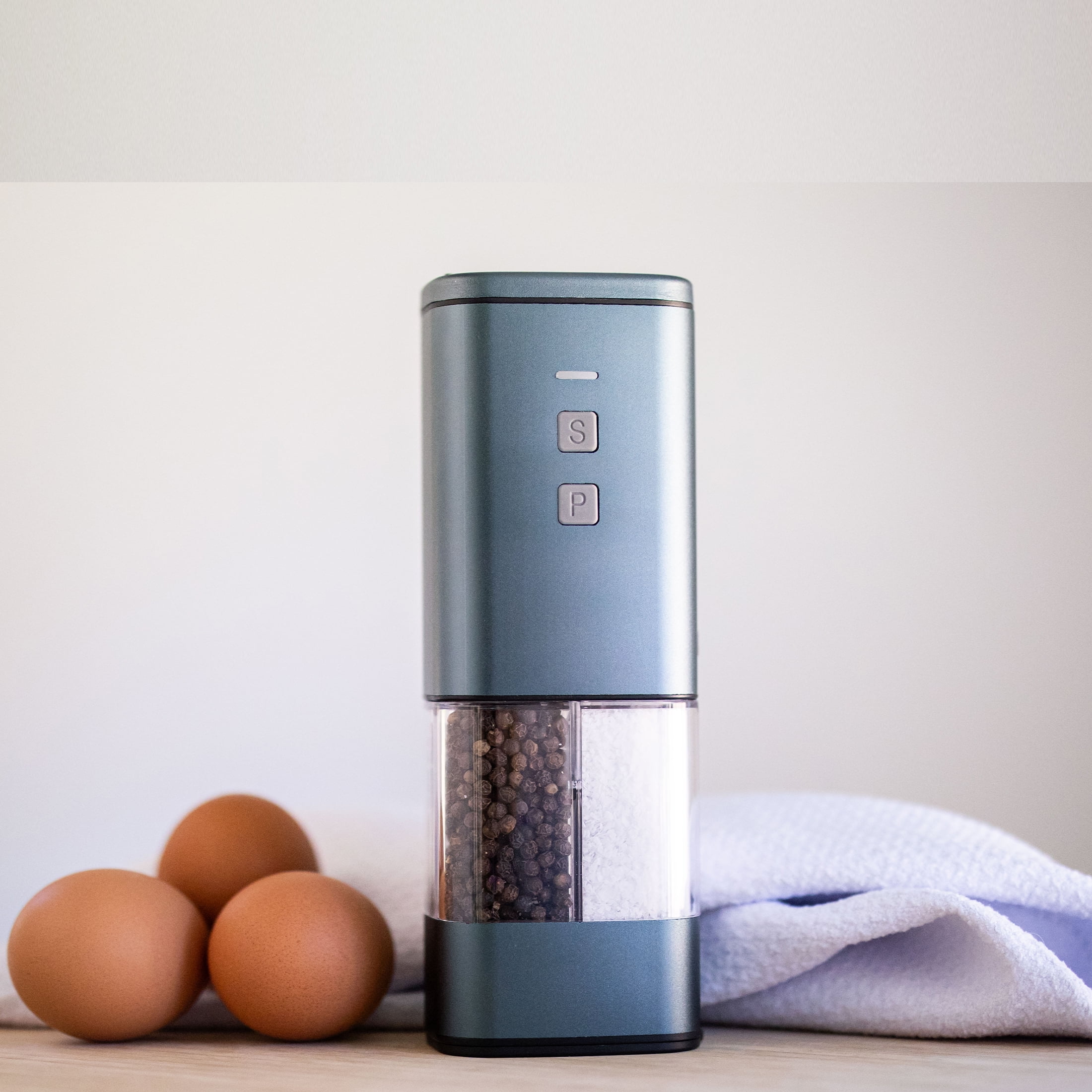 2-in-1 USB Rechargeable Salt and Pepper Grinder – Single Pack Electric Grinder with Adjustable Coarseness, LED Light, and One-Handed Operation – Neutral Color – Saturated Blue