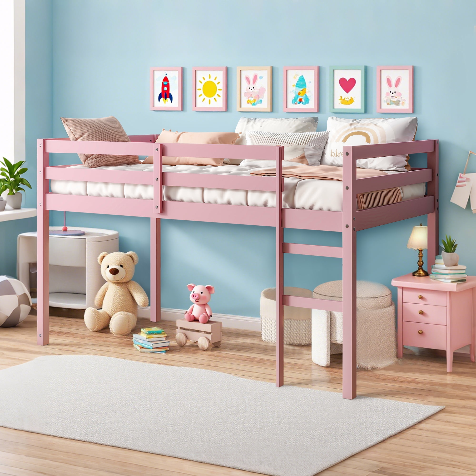 Miniyam Twin Loft Bed for Kids, Solid Wood Frame with Ladder and Guardrails, Space-Saving Design, Pink