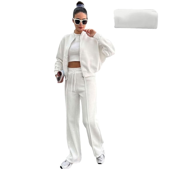 CIENVNSTG Women Sweatsuits Zipper Sweatshirt and Wide Leg Pant Winter Casual 2 Piece Joggers Set Tracksuit Beige L