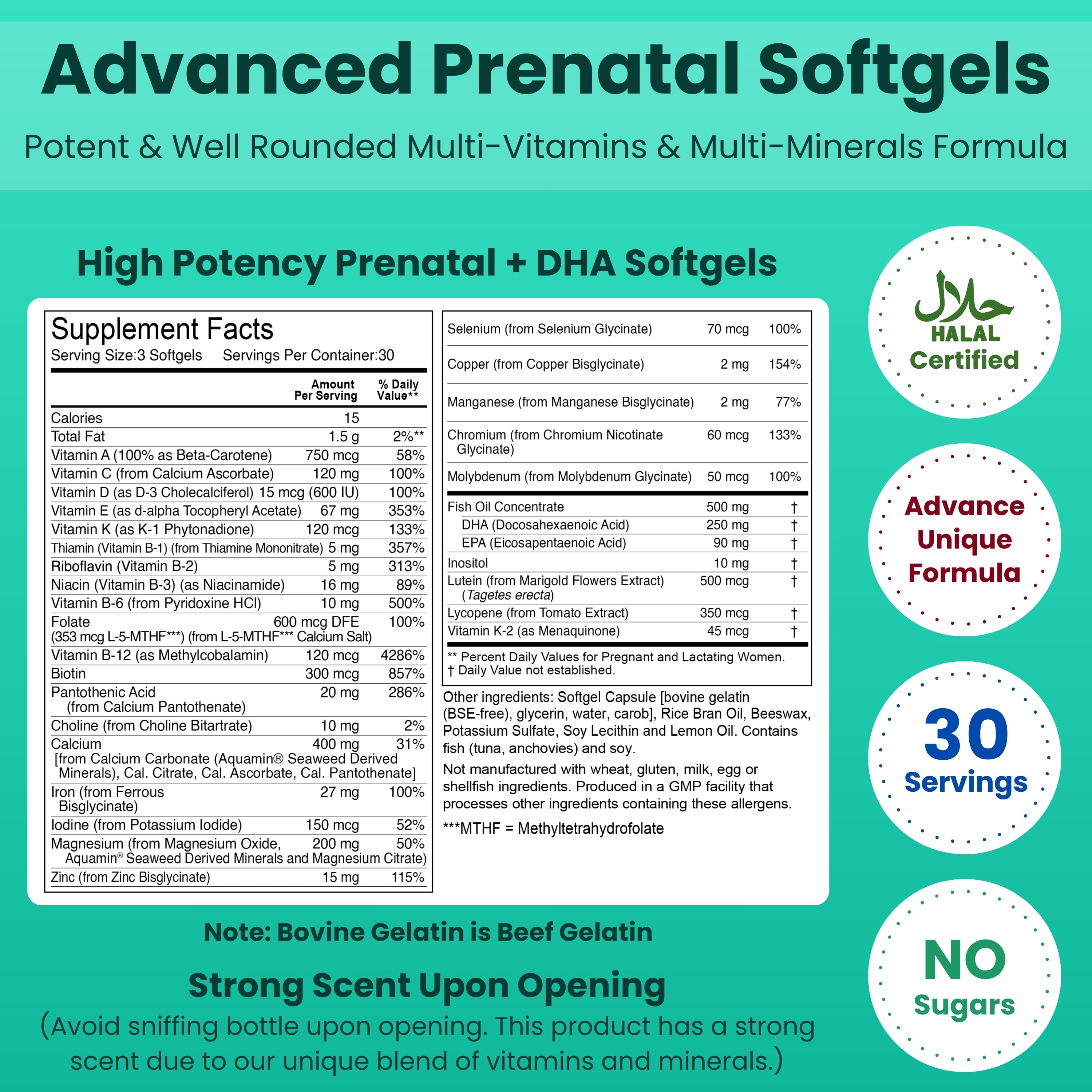 SHIFAA NUTRITION Halal Prenatal Multivitamin Supplement, Halal, 30 Ct – With DHA, Folic Acid & Nutrients for Pregnancy