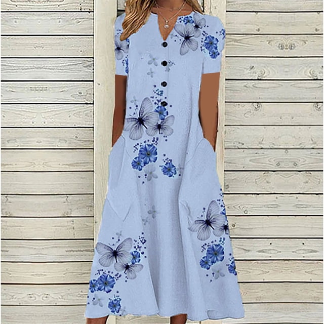 TIMIFIS Robe Florale Bohème Ample Décontractée d'Automne pour Femmes avec Poches, Manches Courtes, Longue Maxi, Robe Évasée d'Été pour la Plage, Robes d'Invitée de Mariage d'Automne