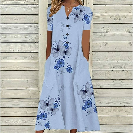 

Wyongtao Cozy Fashion Women Casual Loose Butterfly Graphic V-Neck Short Sleeve Button Pockets Long Dress