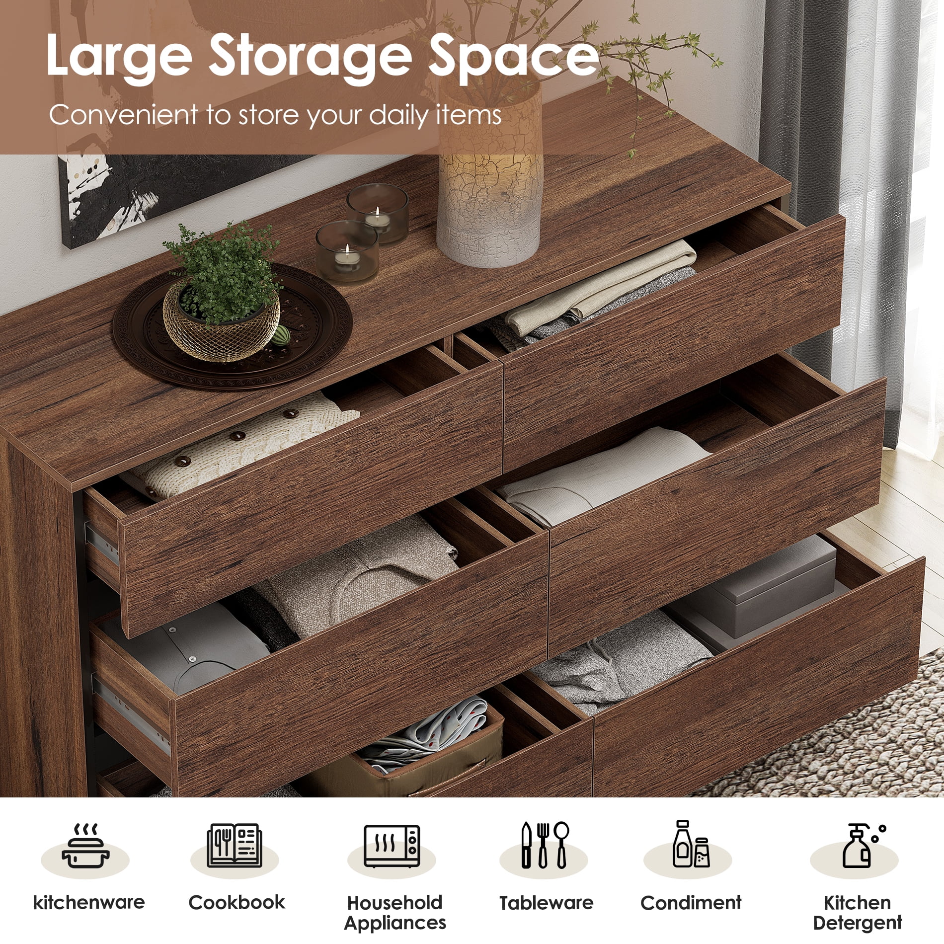 1 PCS Dresser For Bedroom, Closet Organizers And Storage With 6 Drawers, Chest Of Drawers With Metal Base, Modern Wood Dresser,Brown