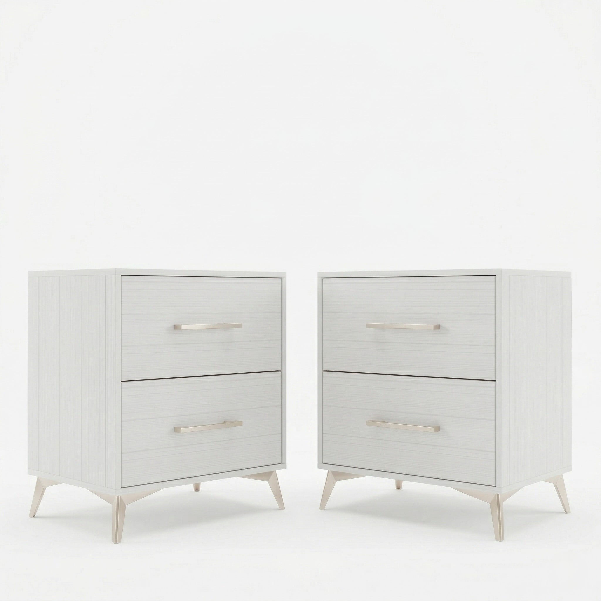 Home Design Lakewood 2 Drawer Nightstand (Set of 2) with Linear Handles and Metal Legs, White, Easy Assembly