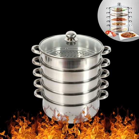 5 Tier Stainless Steel Steamer Cooker Kitchen Cooking Steam Pot with Glass Lid & Handles